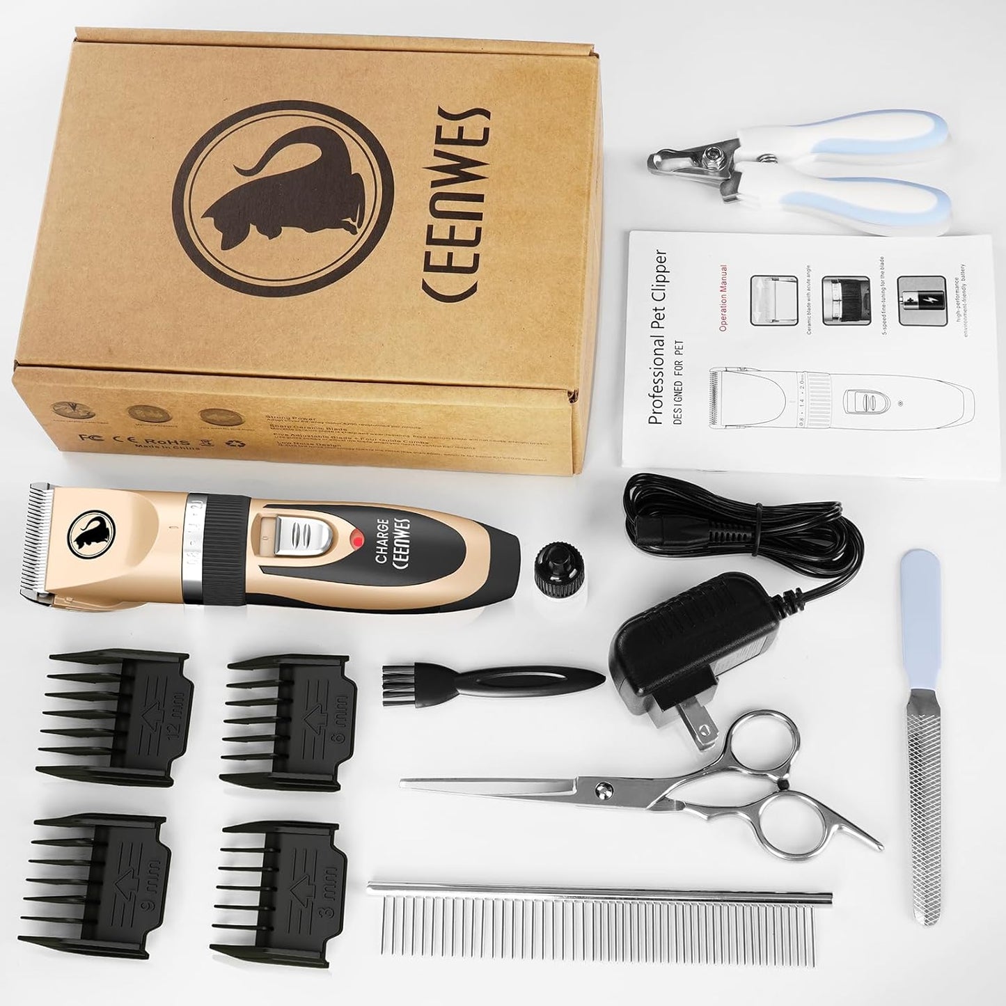 Dog Clippers Low Noise Pet Clippers Rechargeable Trimmer Cordless Grooming Tool Professional Dog Hair Trimmer with Comb Guides Scissors for Dogs Cats & Others(Gold)